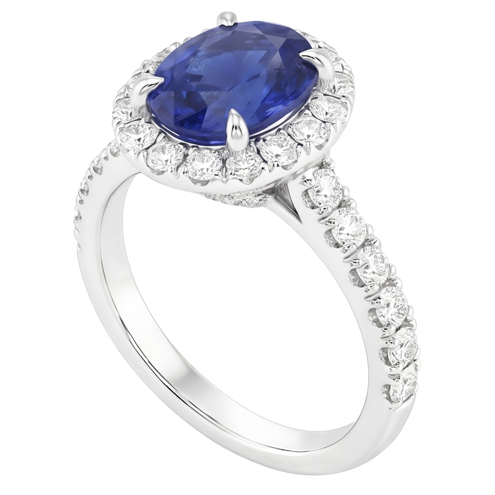 Anello da donna Halo con zaffiro dello Sri Lanka e pavé di diamanti 5.50 carati