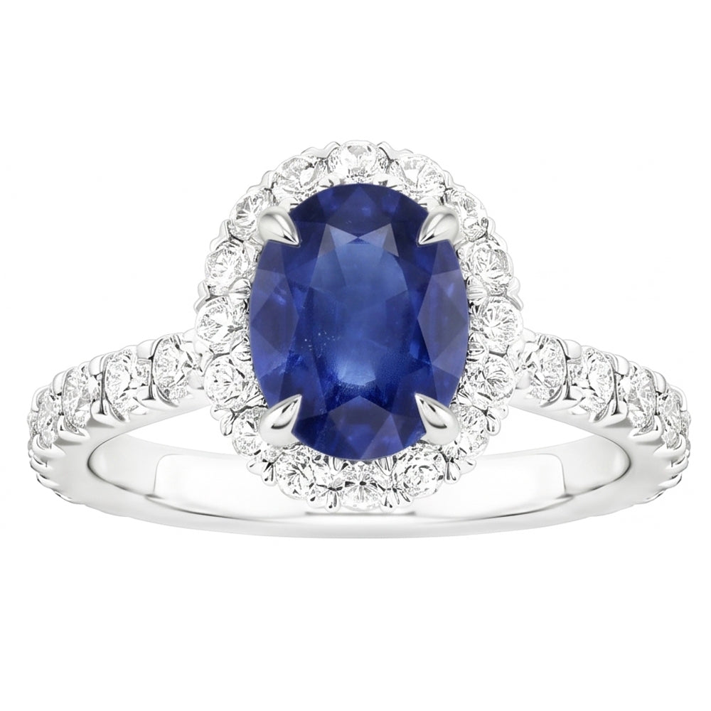 Anello da donna Halo con zaffiro dello Sri Lanka e pavé di diamanti 5.50 carati