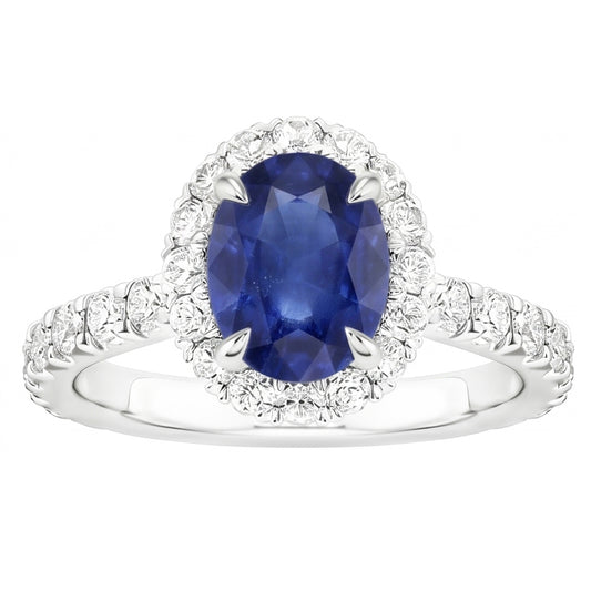 Anello da donna Halo con zaffiro dello Sri Lanka e pavé di diamanti 5.50 carati