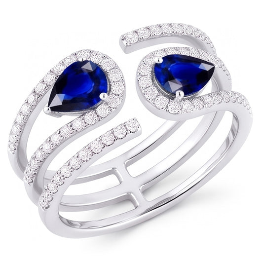 Anello da donna Toi et Moi Pear con zaffiro blu e diamante da 3,50 carati con Oro Bianco 14K