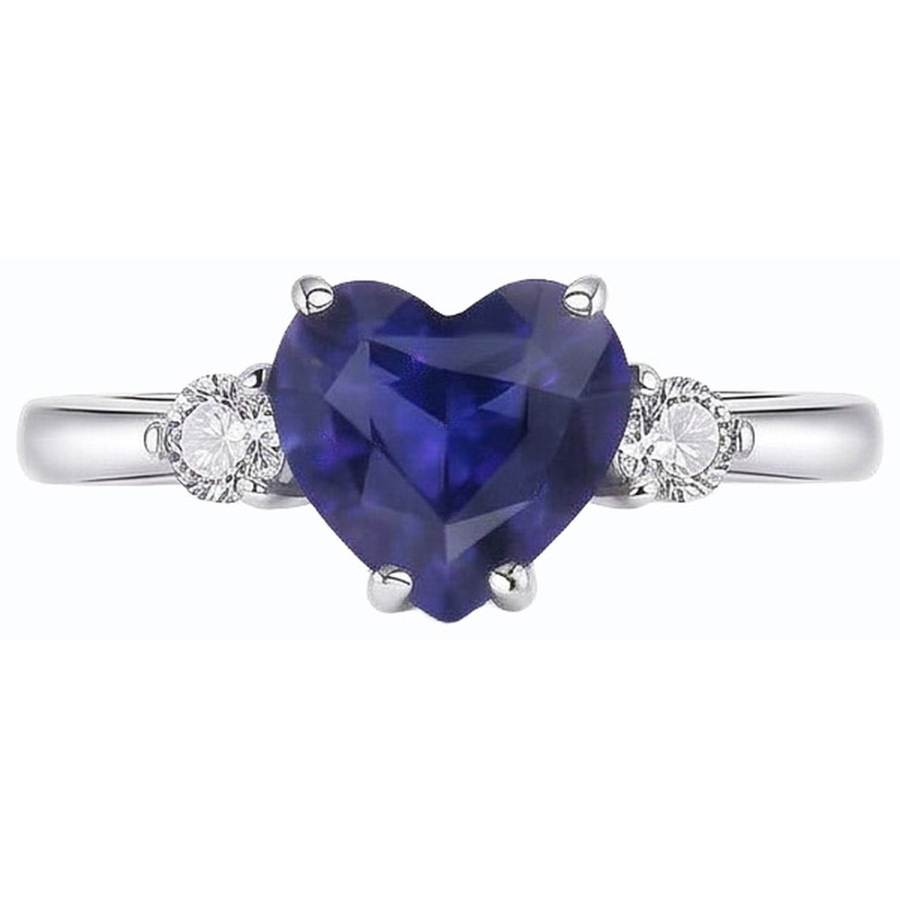 Anello da donna con 3 pietre cuore zaffiro di Ceylon e diamanti rotondi 2.50 carati