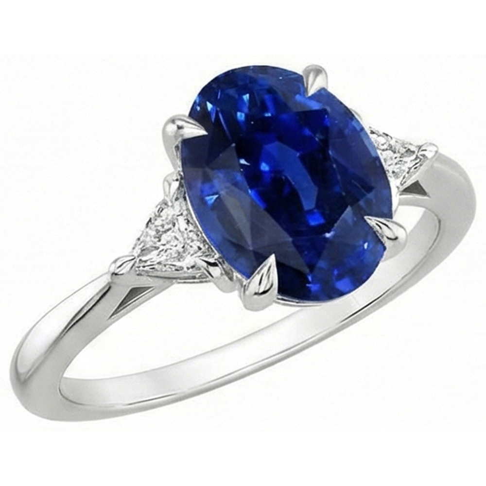 Anello da donna con 3 pietre ovale blu zaffiro e diamante taglio trilioni 3 carati