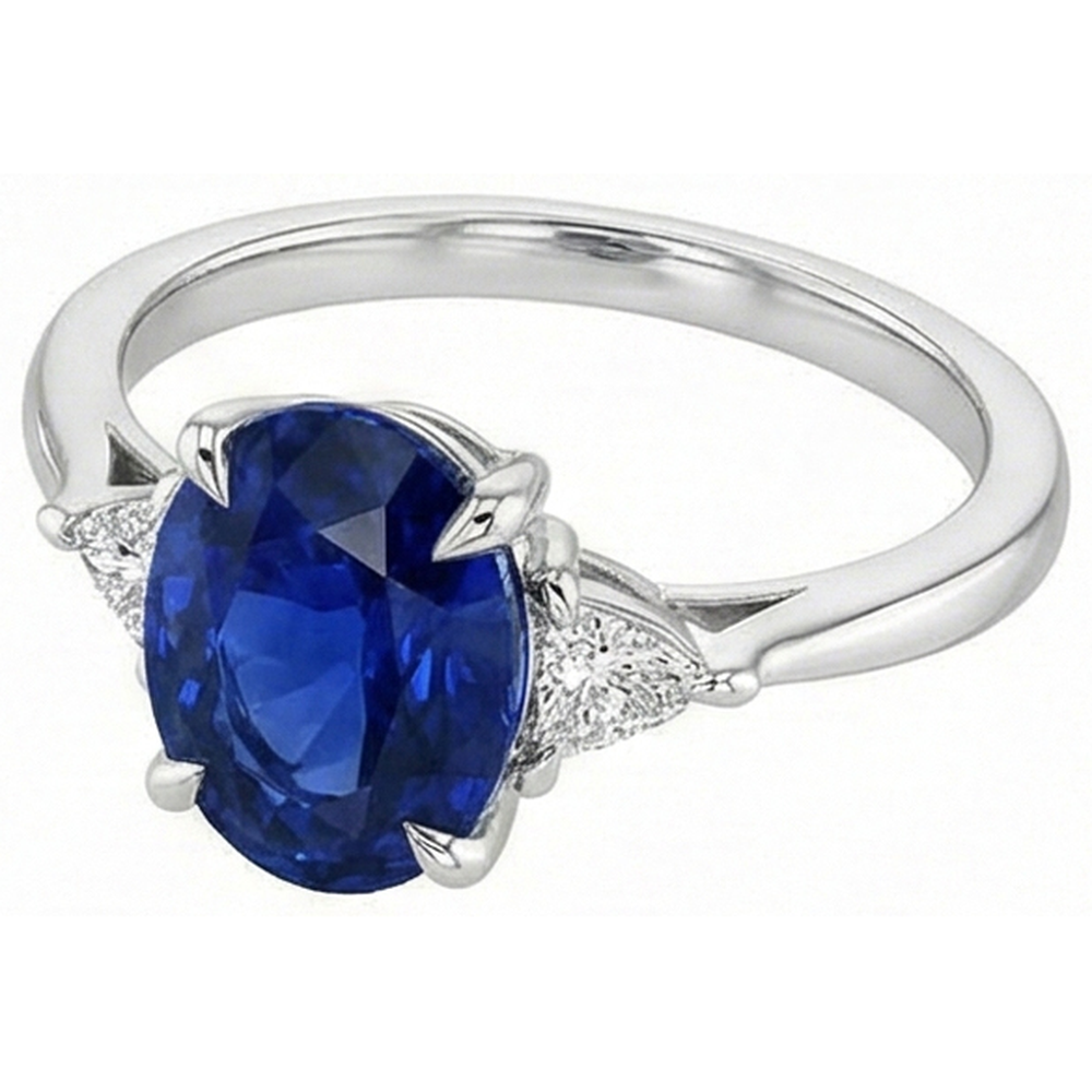 Anello da donna con 3 pietre ovale blu zaffiro e diamante taglio trilioni 3 carati