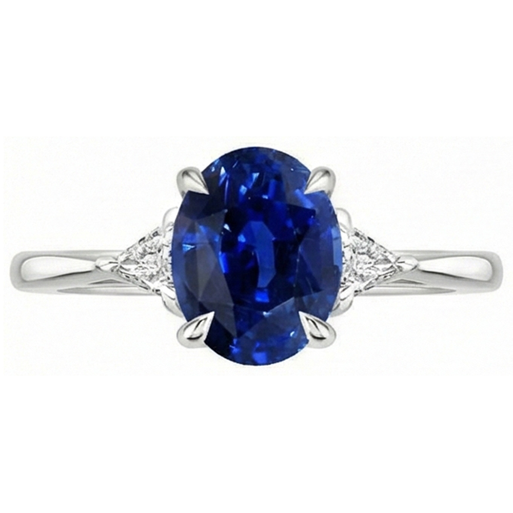 Anello da donna con 3 pietre ovale blu zaffiro e diamante taglio trilioni 3 carati
