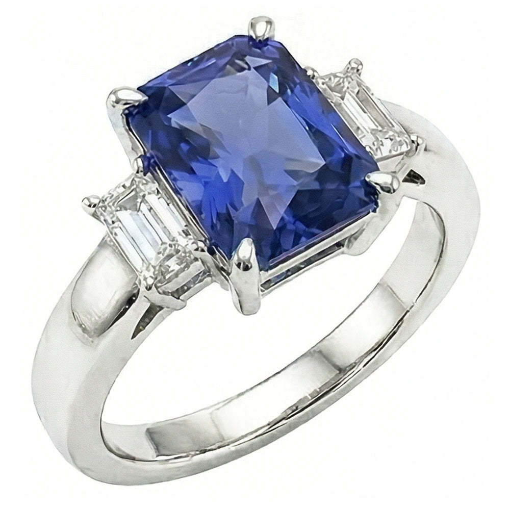 Anello da donna con brillante zaffiro di Ceylon da 1,75 carati e tre diamanti in oro bianco 14k