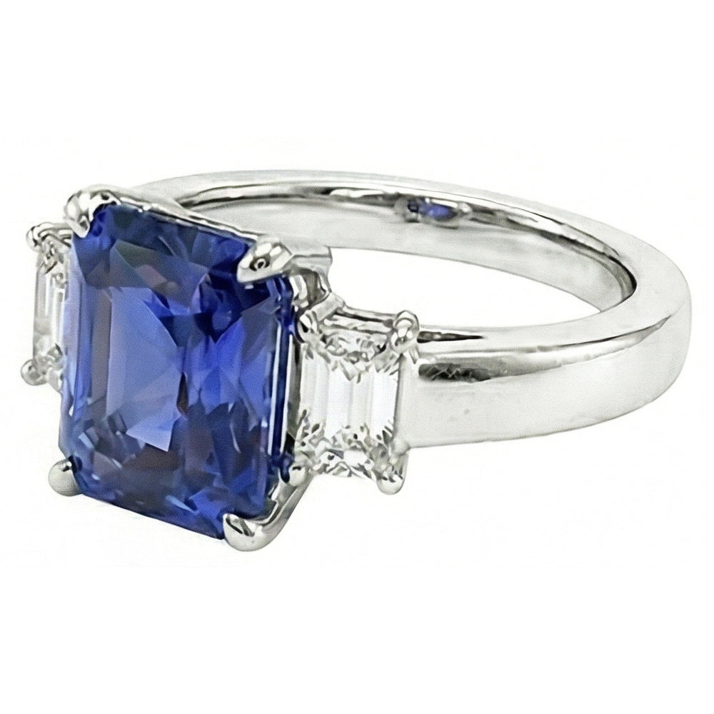 Anello da donna con brillante zaffiro di Ceylon da 1,75 carati e tre diamanti in oro bianco 14k