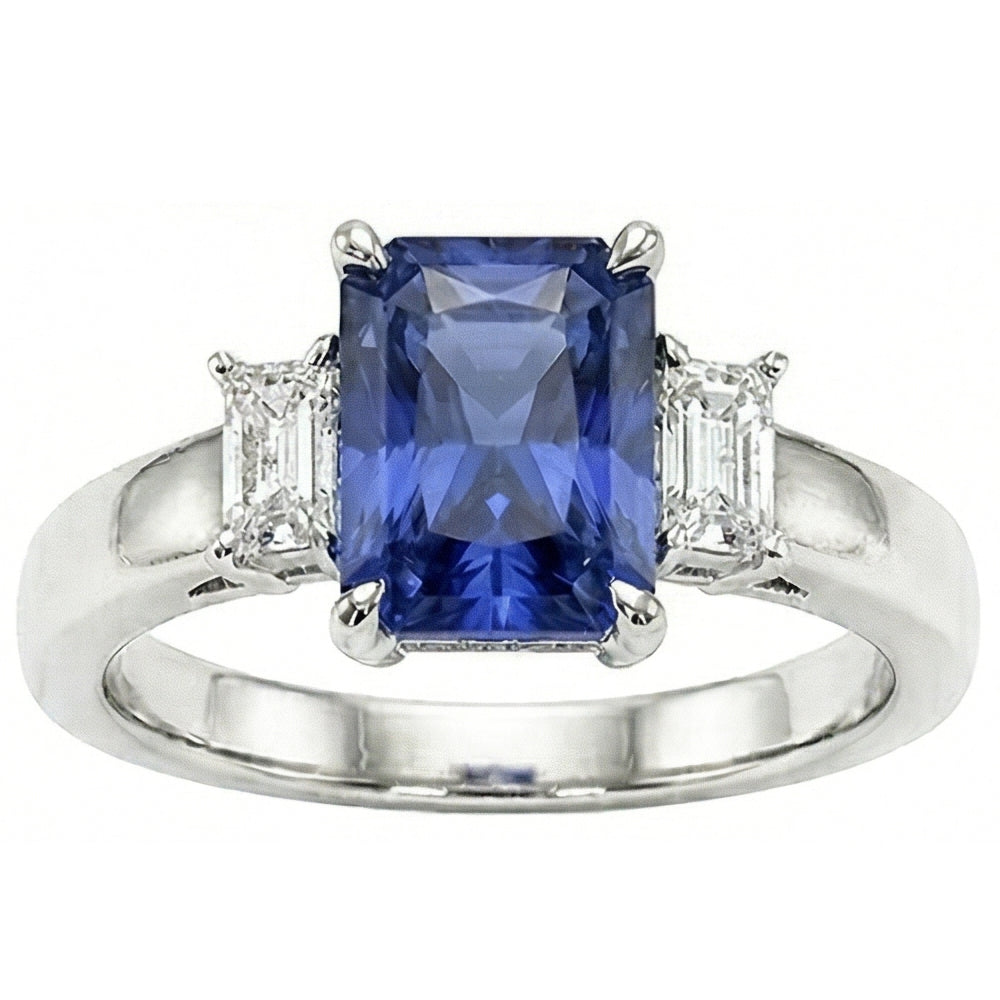 Anello da donna con brillante zaffiro di Ceylon da 1,75 carati e tre diamanti in oro bianco 14k