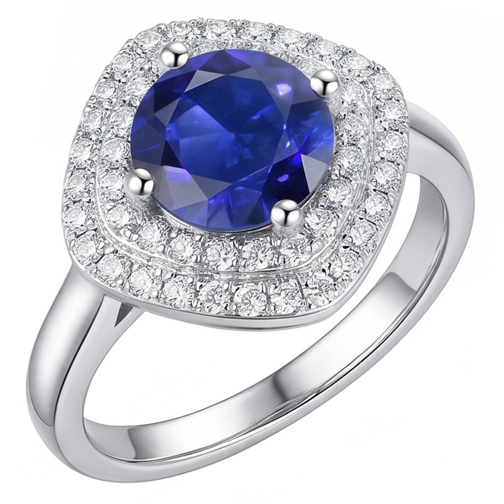 Anello da donna con diamante 3 carati con zaffiro rotondo a forma di cuscino doppio alone