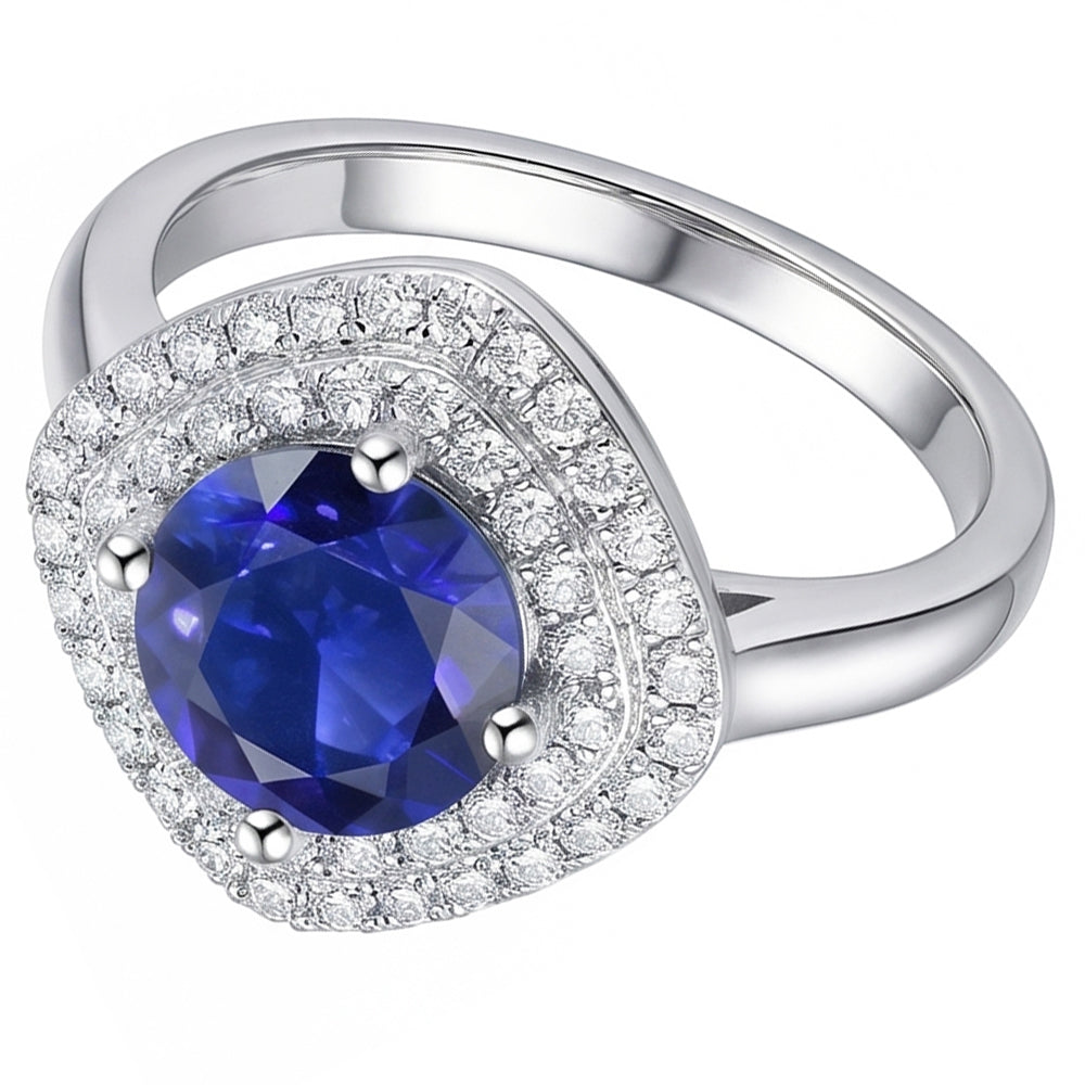 Anello da donna con diamante 3 carati con zaffiro rotondo a forma di cuscino doppio alone