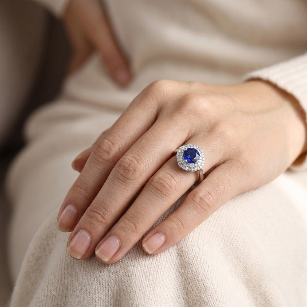 Anello da donna con diamante 3 carati con zaffiro rotondo a forma di cuscino doppio alone