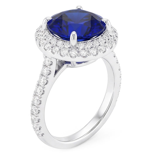 Anello da donna con diamante Halo. gioielli in oro con zaffiro blu profondo 4.50 carati