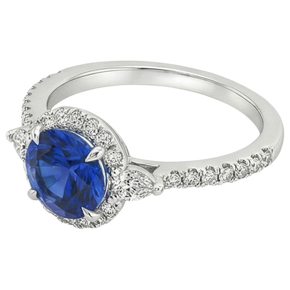 Anello da donna con diamante a pera e zaffiro rotondo di Ceylon 3 carati