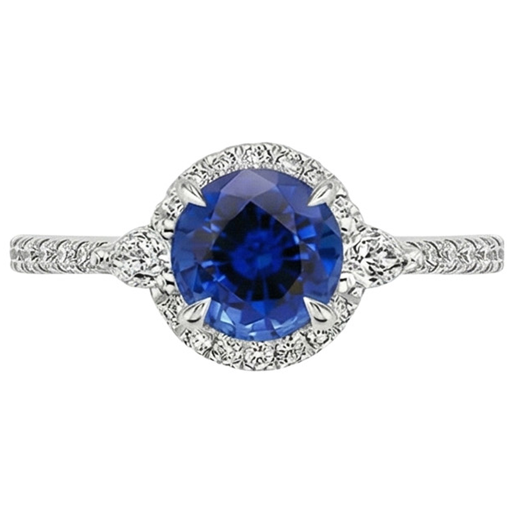 Anello da donna con diamante a pera e zaffiro rotondo di Ceylon 3 carati