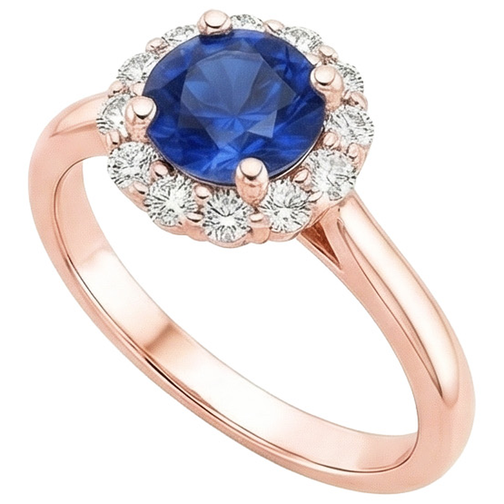 Anello da donna con diamante aureo stile fiore zaffiro blu 3 carati oro rosa