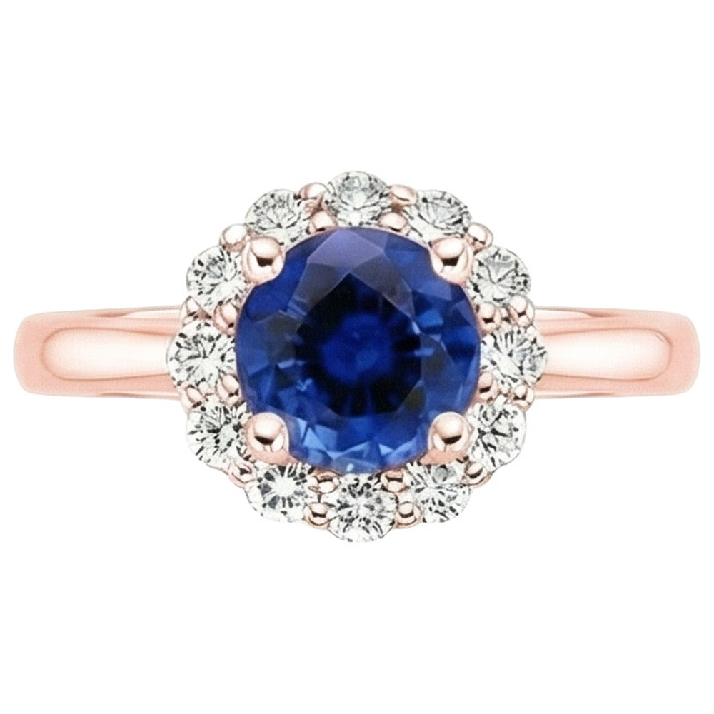 Anello da donna con diamante aureo stile fiore zaffiro blu 3 carati oro rosa