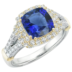 Anello da donna con diamante bicolore. cuscino. zaffiro blu. oro 14 carati. 3.25 carati