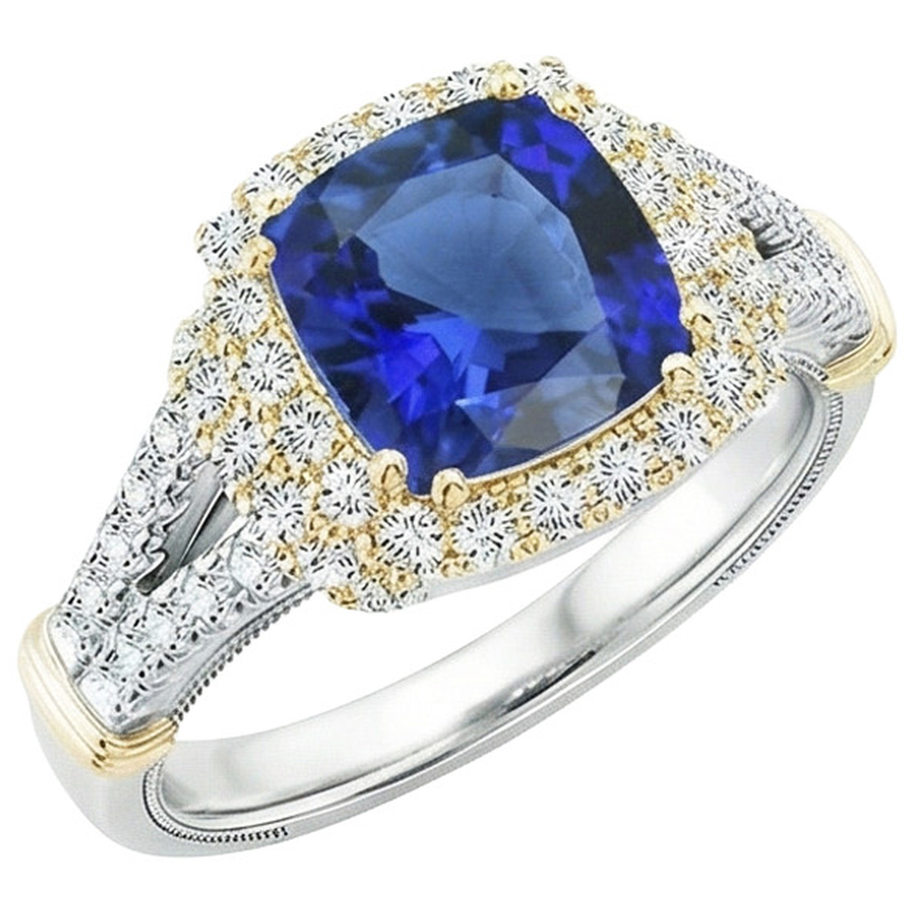 Anello da donna con diamante bicolore. cuscino. zaffiro blu. oro 14 carati. 3.25 carati