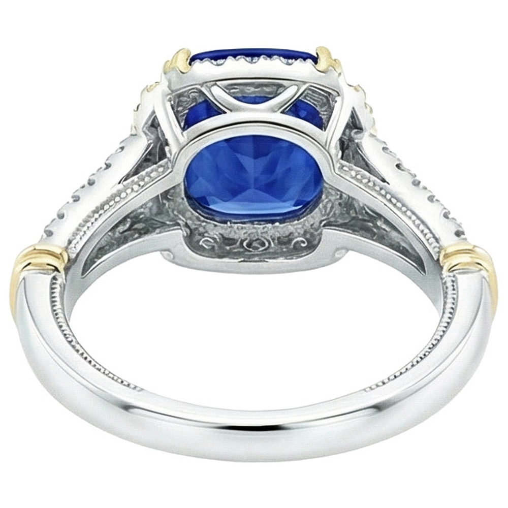 Anello da donna con diamante bicolore. cuscino. zaffiro blu. oro 14 carati. 3.25 carati