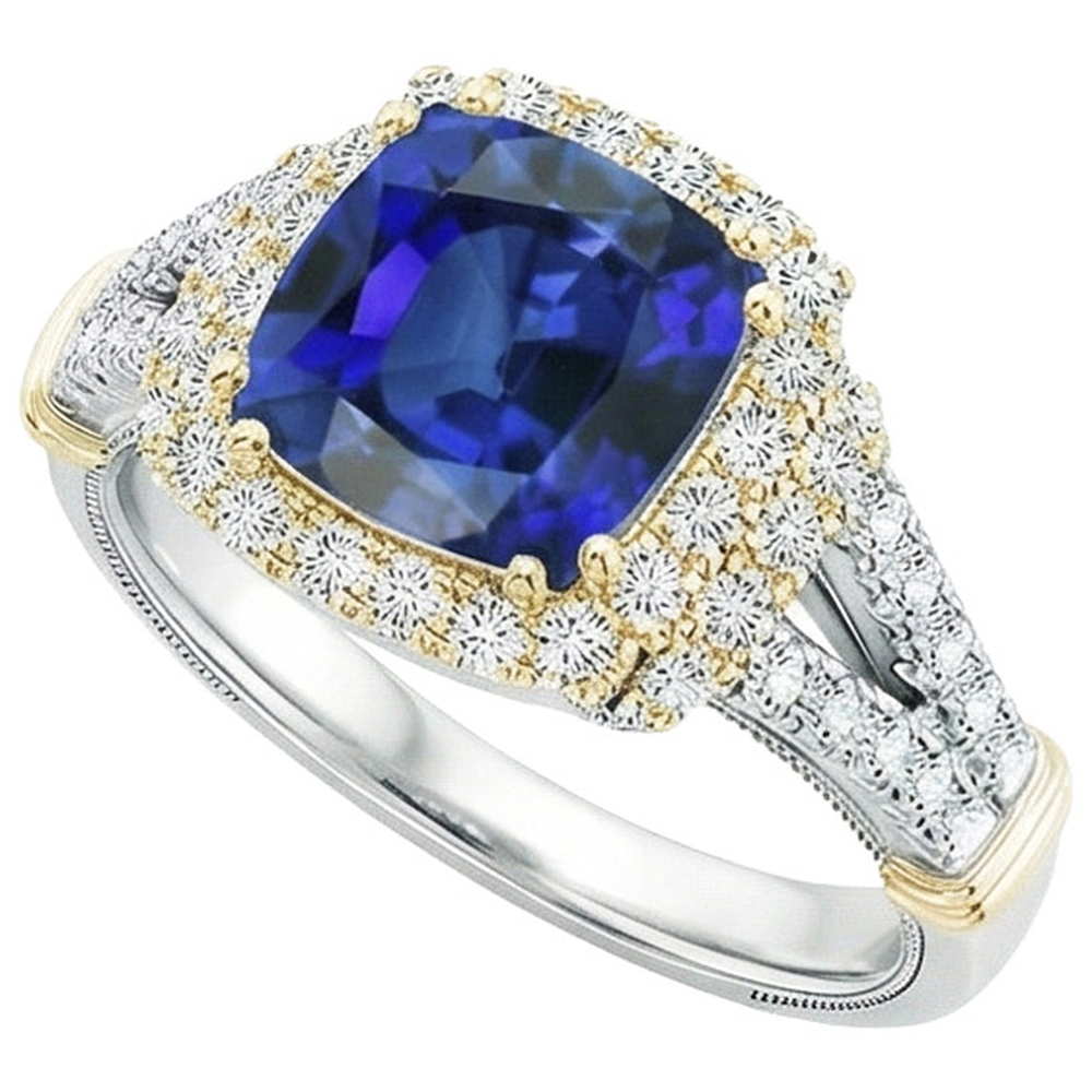 Anello da donna con diamante bicolore. cuscino. zaffiro blu. oro 14 carati. 3.25 carati