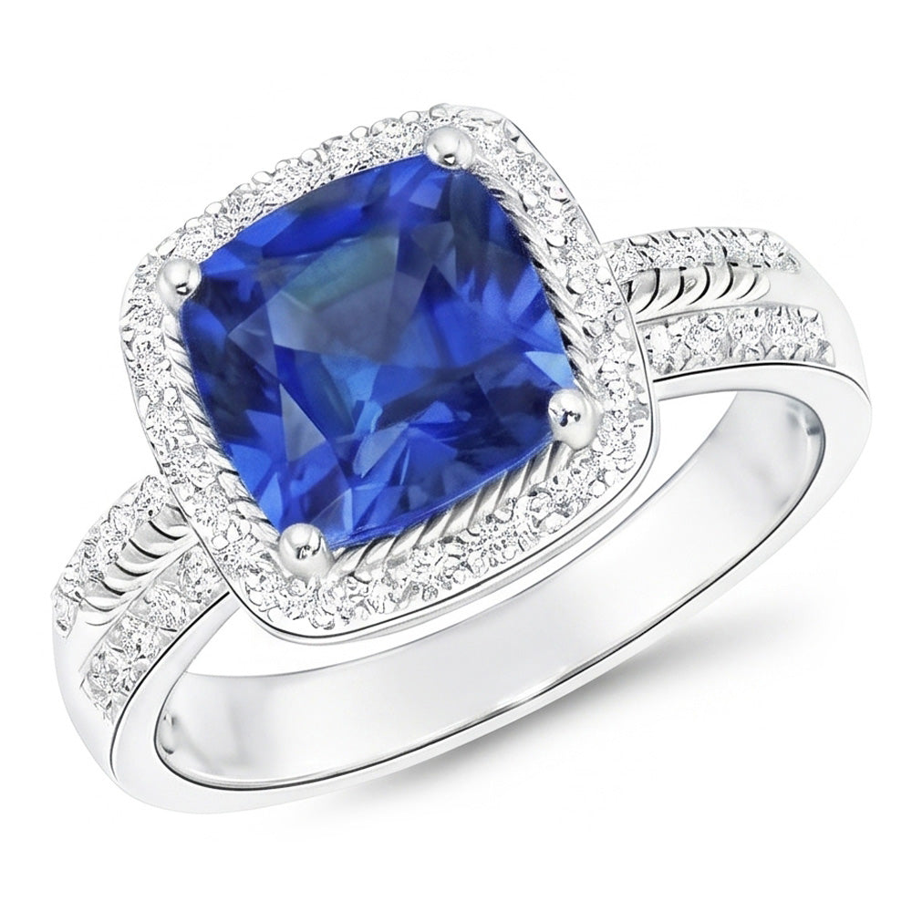 Anello da donna con diamante. cuscino. Halo. zaffiro blu con accenti. 4.50 carati