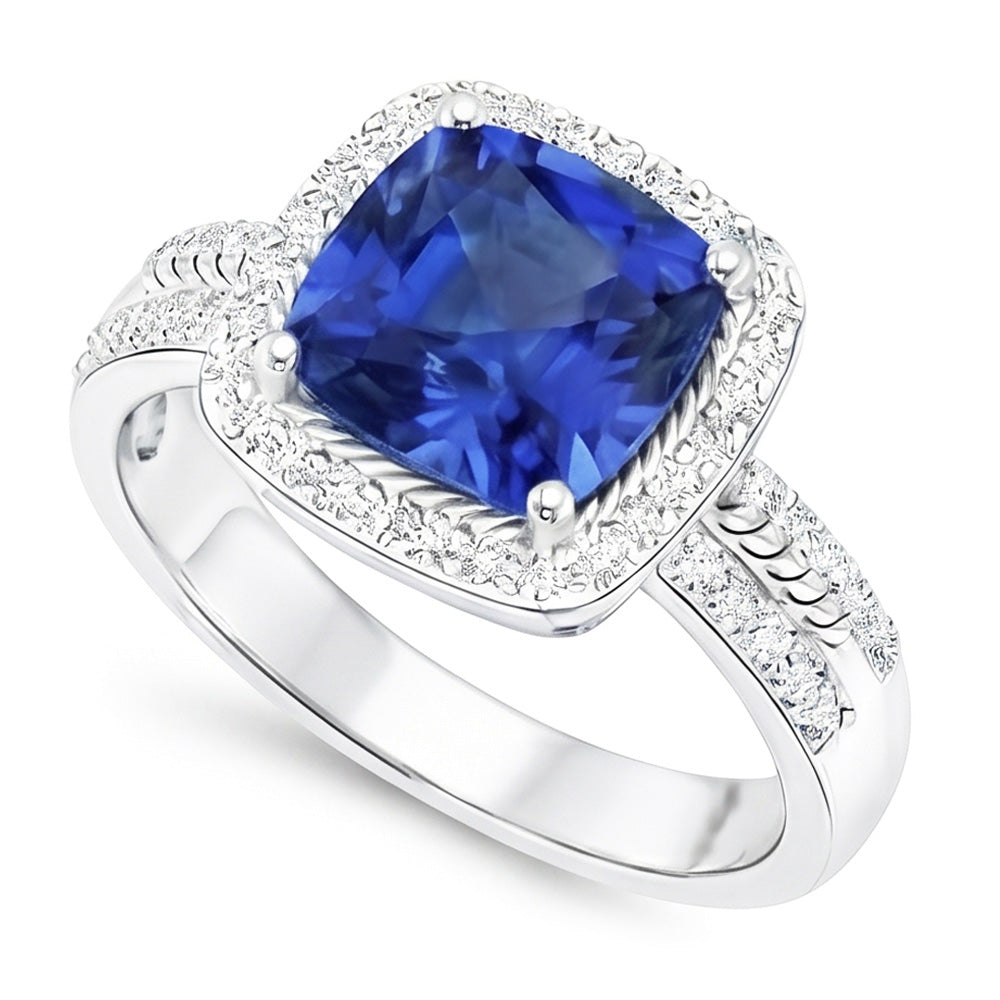 Anello da donna con diamante. cuscino. Halo. zaffiro blu con accenti. 4.50 carati