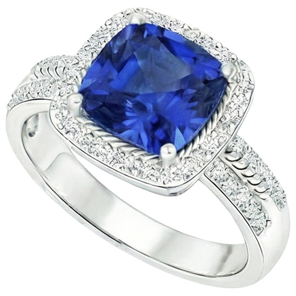 Anello da donna con diamante. cuscino. Halo. zaffiro blu con accenti. 4.50 carati
