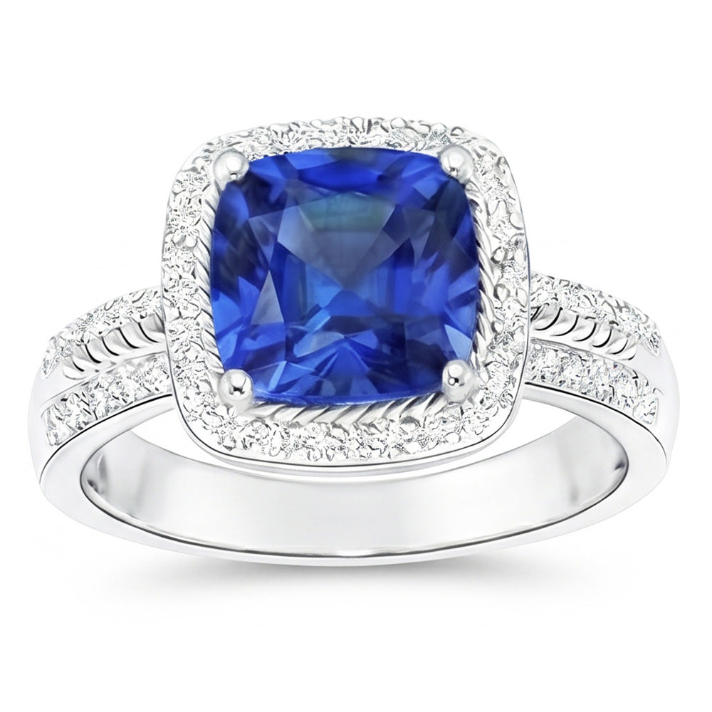 Anello da donna con diamante. cuscino. Halo. zaffiro blu con accenti. 4.50 carati