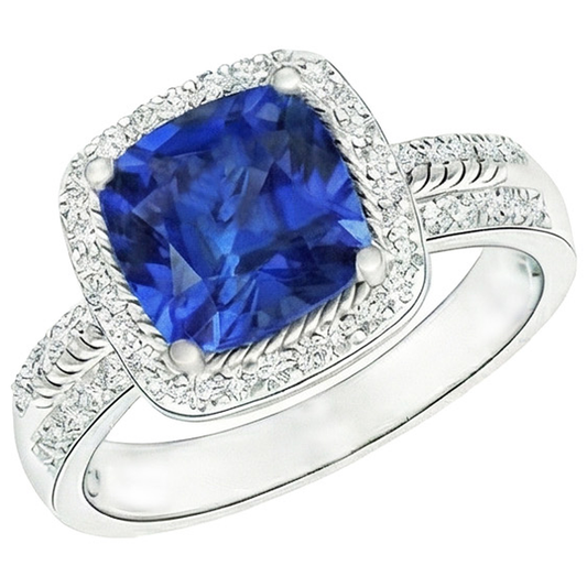 Anello da donna con diamante. cuscino. Halo. zaffiro blu con accenti. 4.50 carati