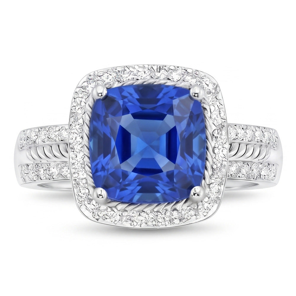 Anello da donna con diamante. cuscino. Halo. zaffiro blu con accenti. 4.50 carati
