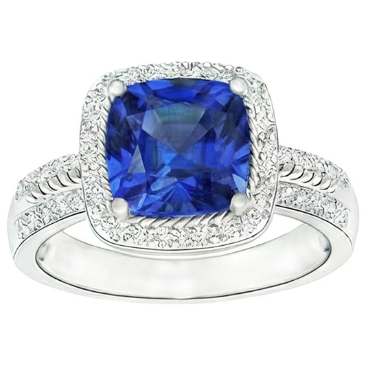 Anello da donna con diamante. cuscino. Halo. zaffiro blu con accenti. 4.50 carati