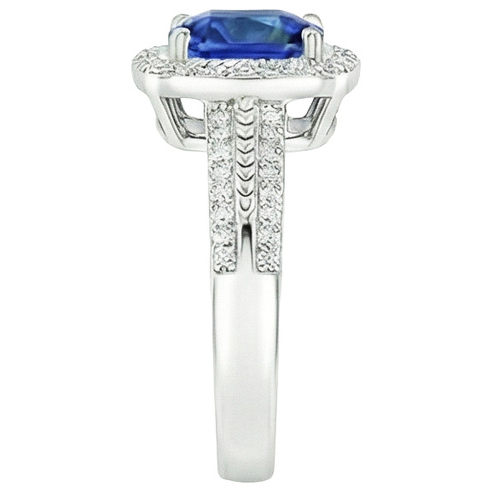 Anello da donna con diamante. cuscino. Halo. zaffiro blu con accenti. 4.50 carati