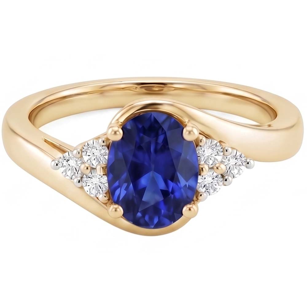 Anello da donna con diamante. punta accentata. zaffiro blu ovale profondo 3.75 carati