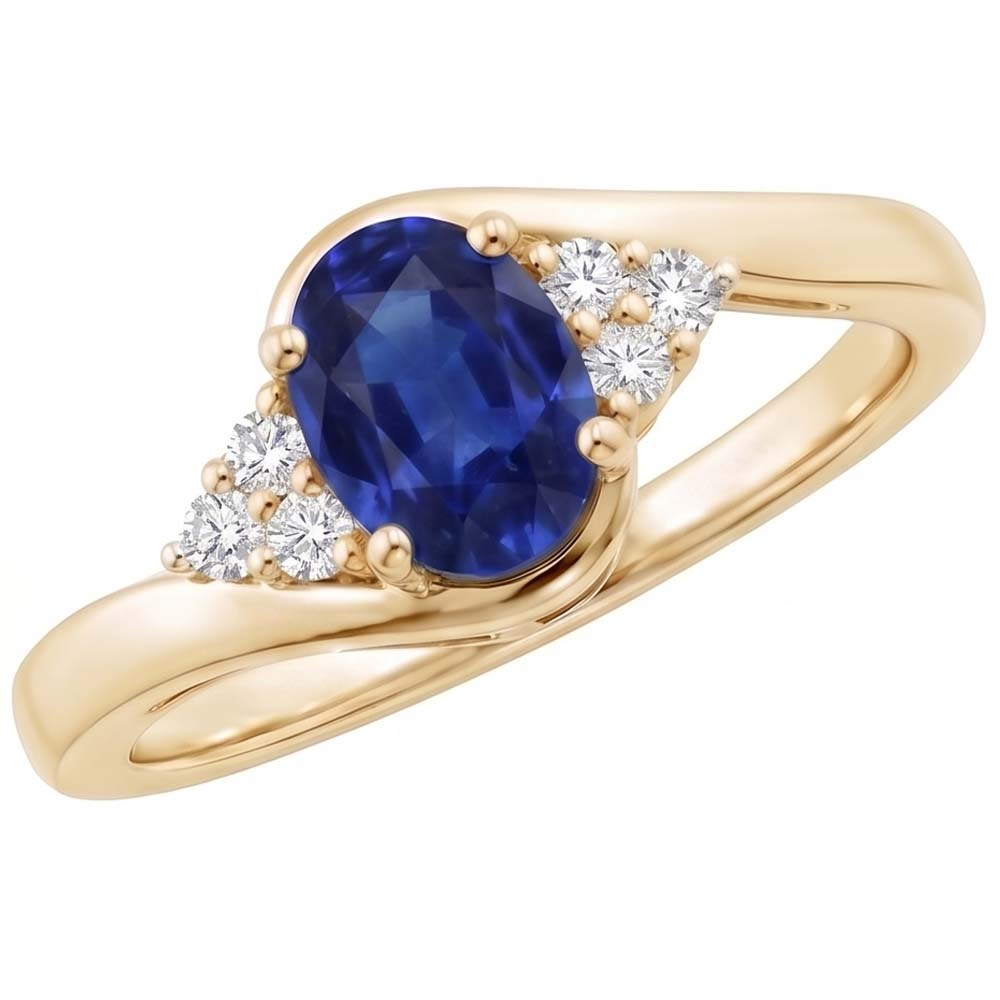 Anello da donna con diamante. punta accentata. zaffiro blu ovale profondo 3.75 carati