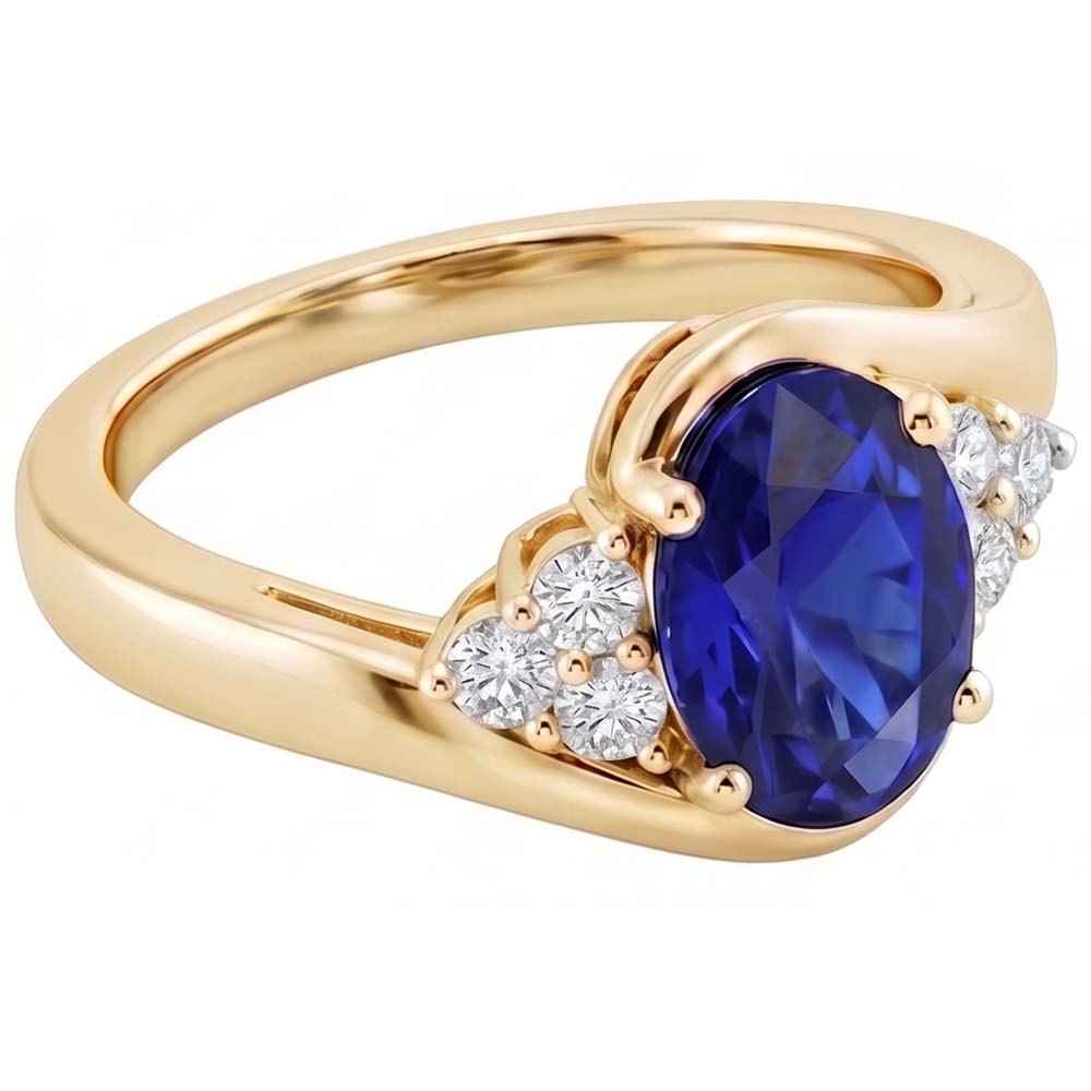 Anello da donna con diamante. punta accentata. zaffiro blu ovale profondo 3.75 carati