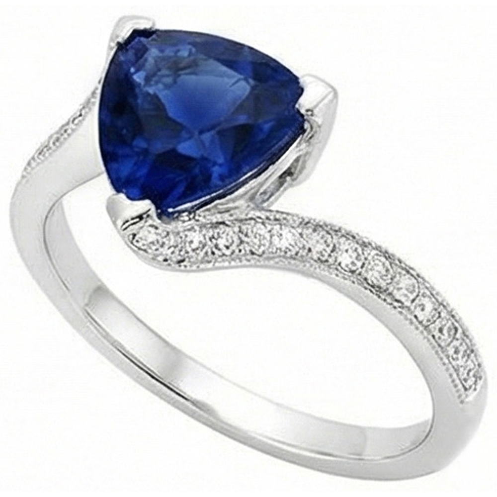 Anello da donna con diamante trilioni di zaffiro blu profondo 2.50 carati con gambo diviso