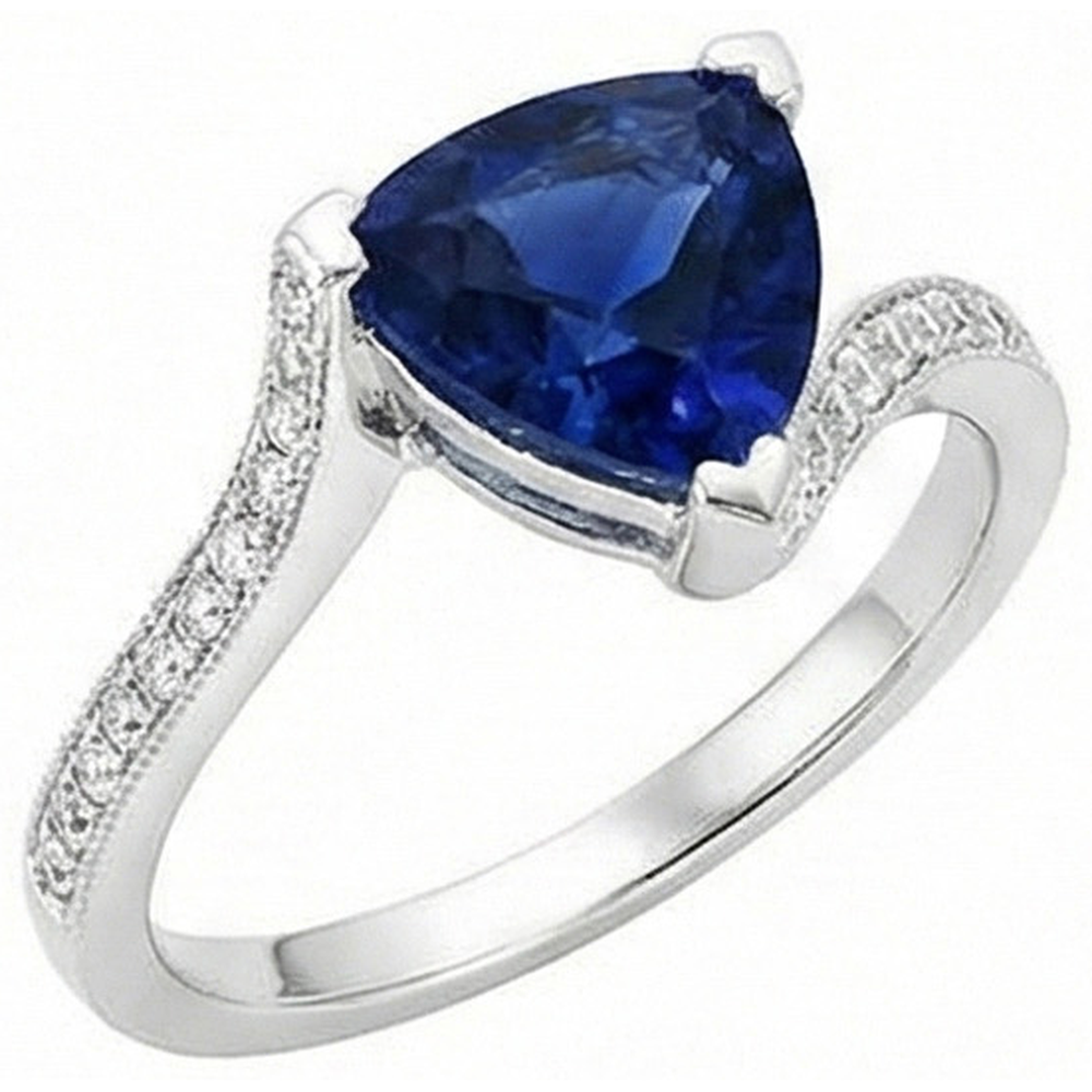 Anello da donna con diamante trilioni di zaffiro blu profondo 2.50 carati con gambo diviso
