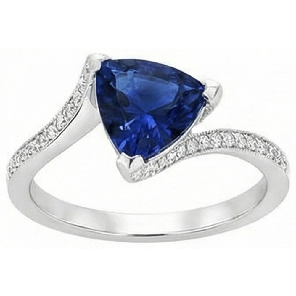 Anello da donna con diamante trilioni di zaffiro blu profondo 2.50 carati con gambo diviso