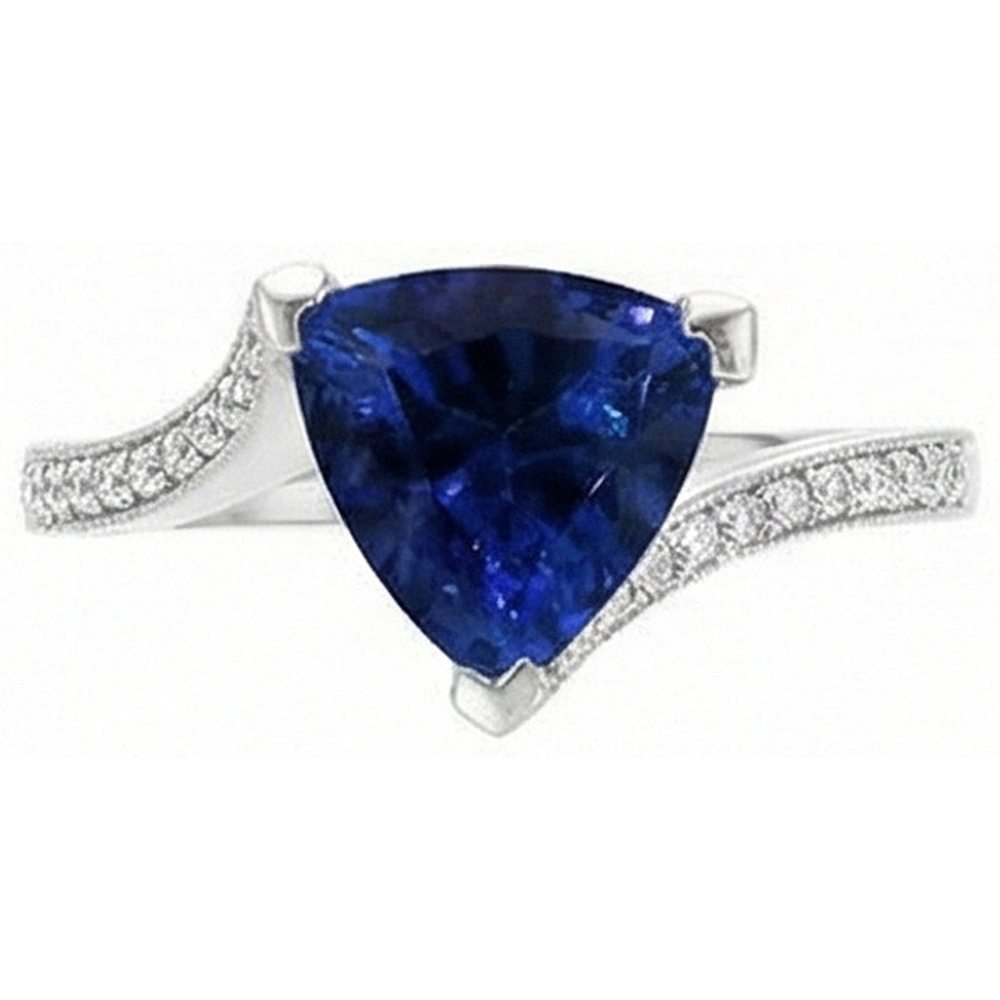 Anello da donna con diamante trilioni di zaffiro blu profondo 2.50 carati con gambo diviso