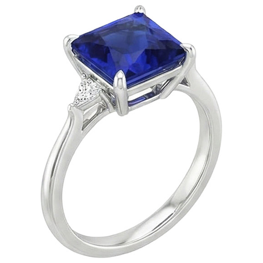 Anello da donna con diamante zaffiro blu principessa 5.25 carati oro bianco