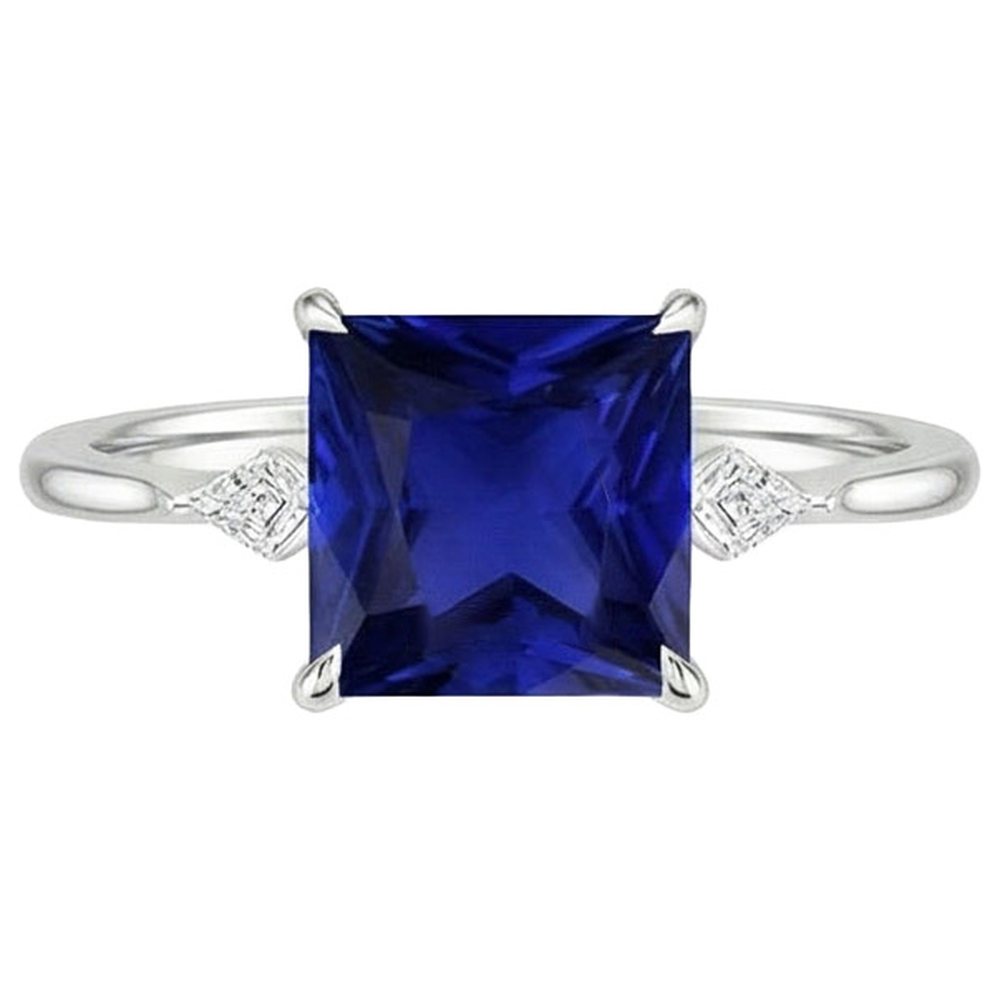 Anello da donna con diamante zaffiro blu principessa 5.25 carati oro bianco