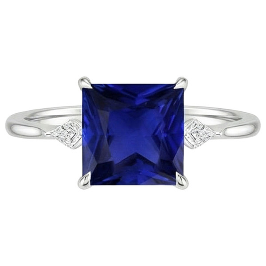Anello da donna con diamante zaffiro blu principessa 5.25 carati oro bianco