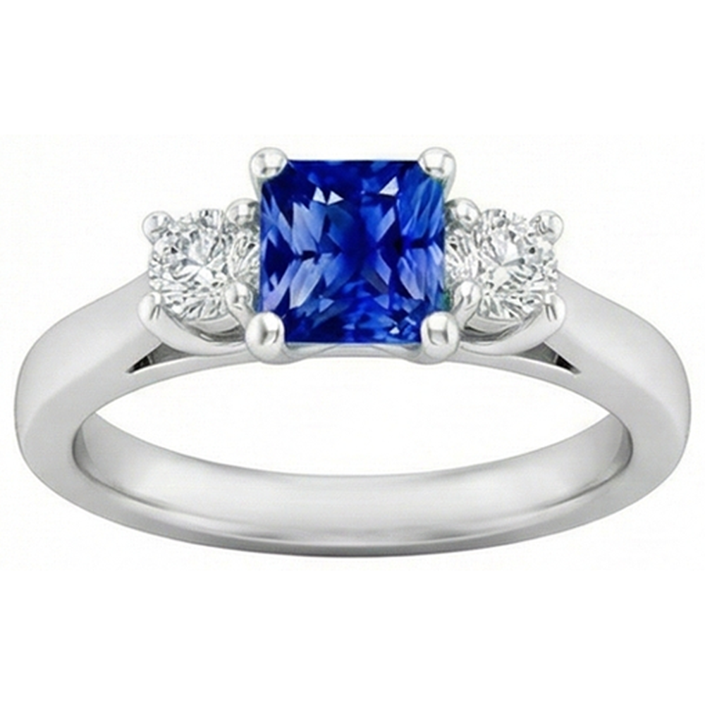 Anello da donna con diamanti tondi. 1,25 carati. Zaffiro di Ceylon. Montatura a U e oro bianco 14K