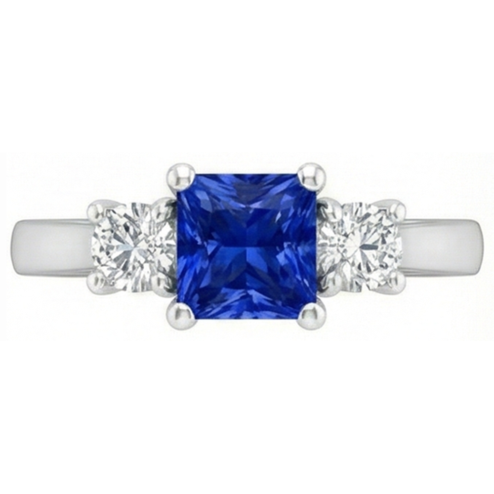 Anello da donna con diamanti tondi. 1,25 carati. Zaffiro di Ceylon. Montatura a U e oro bianco 14K