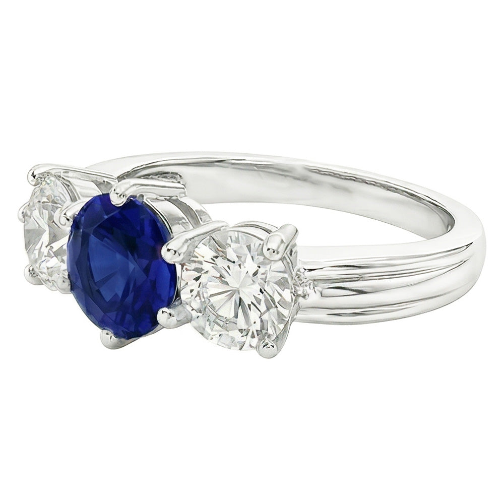 Anello da donna con diamanti tondi zaffiro blu da 5,50 carati 3 pietre gioielli