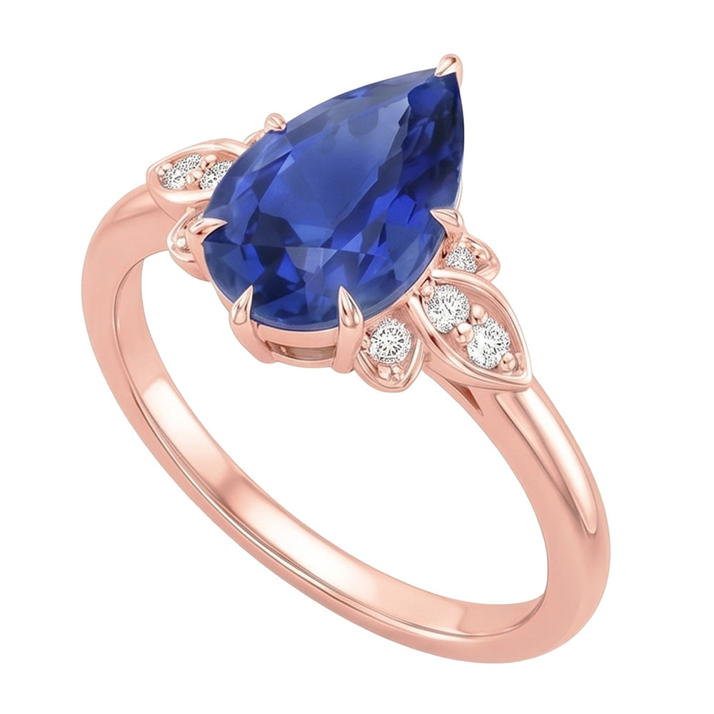 Anello da donna con pietra preziosa zaffiro blu 4.50 carati taglio a pera con accenti