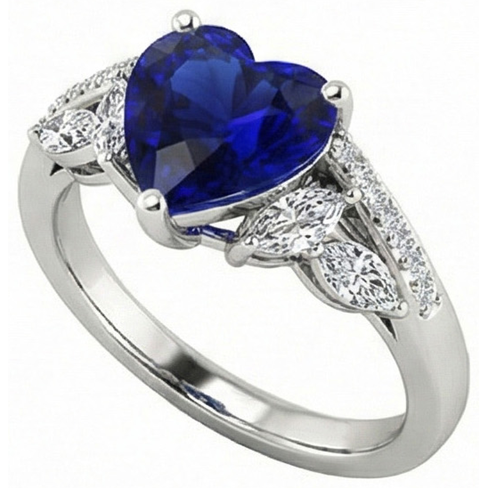 Anello da donna con pietre preziose. cuore. zaffiro. marquise e diamanti rotondi 4 carati