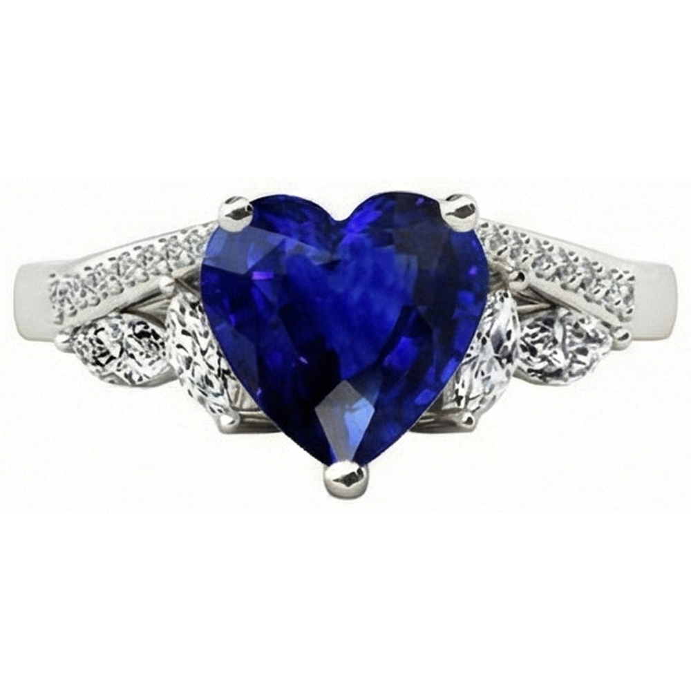 Anello da donna con pietre preziose. cuore. zaffiro. marquise e diamanti rotondi 4 carati