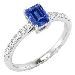 Anello da donna con pietre preziose e diamanti. zaffiro taglio brillante da 1,50 carati con oro bianco 14K