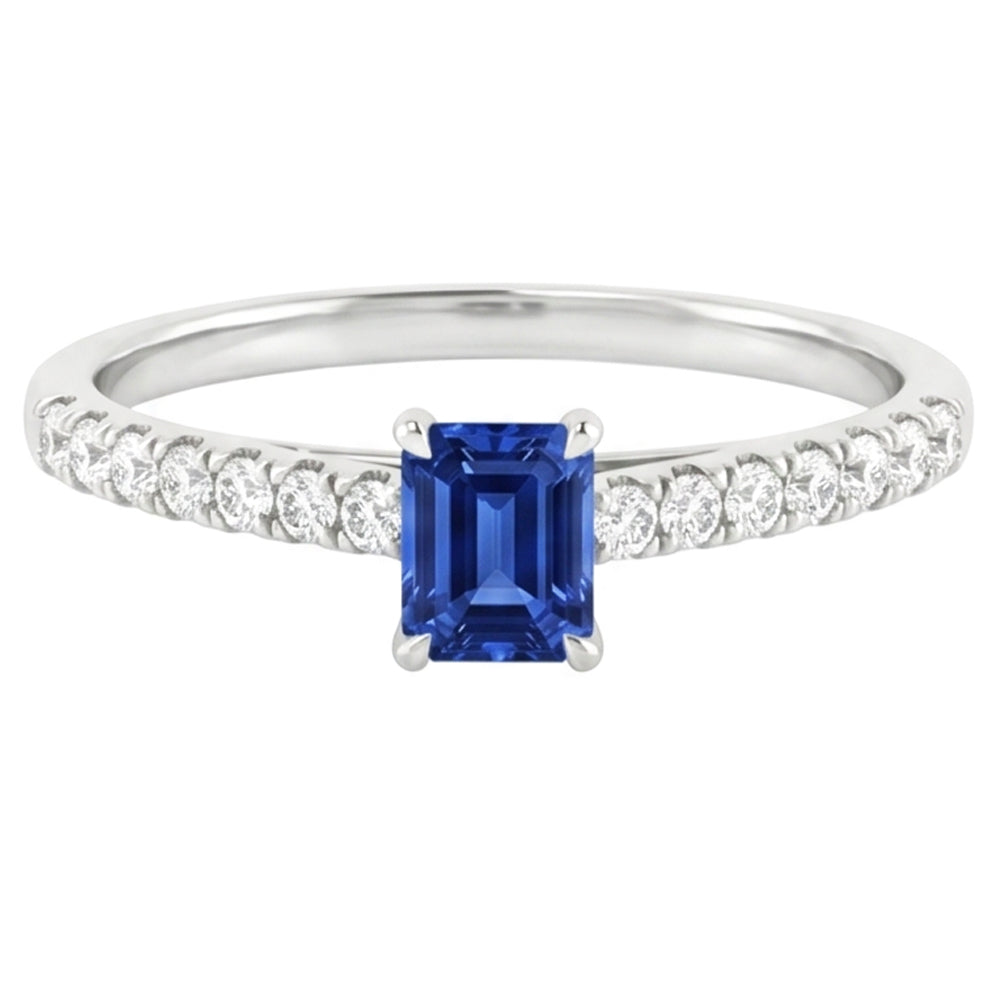 Anello da donna con pietre preziose e diamanti. zaffiro taglio brillante da 1,50 carati con oro bianco 14K