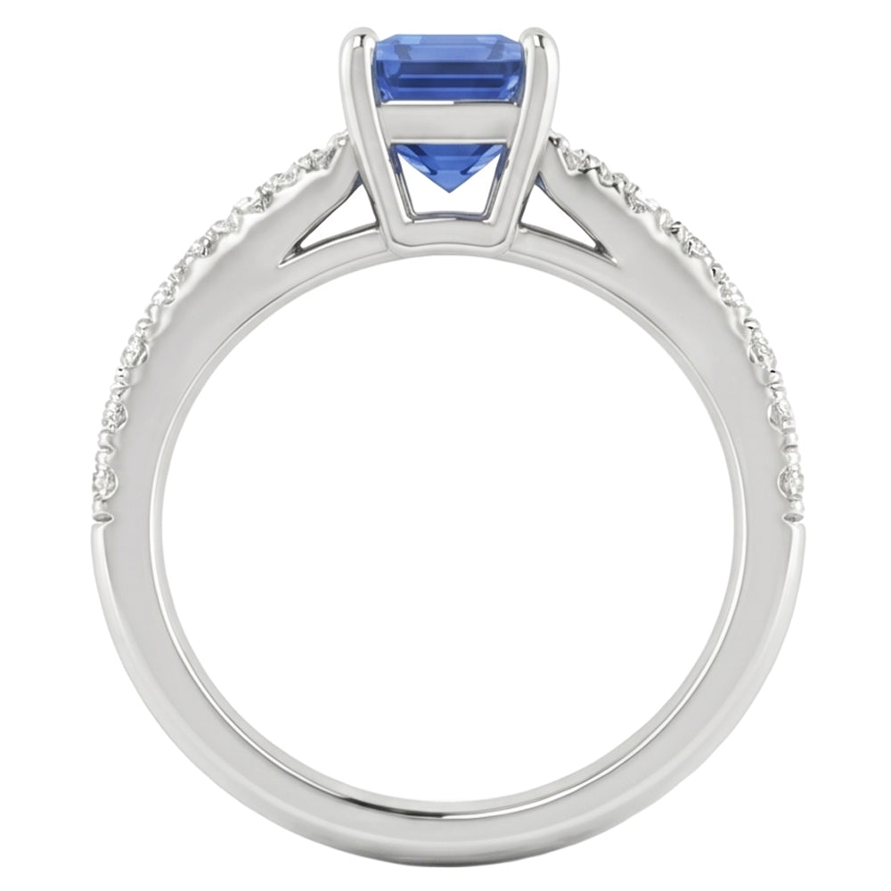 Anello da donna con pietre preziose e diamanti. zaffiro taglio brillante da 1,50 carati con oro bianco 14K